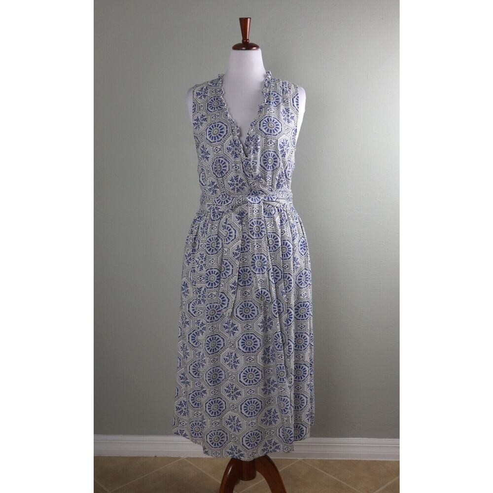 BANJANAN $350 Printed Sleeveless Ruffle Trim Midi True Wrap Dress Size Large